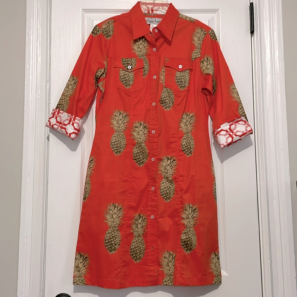 Orange pineapple print button-down dress